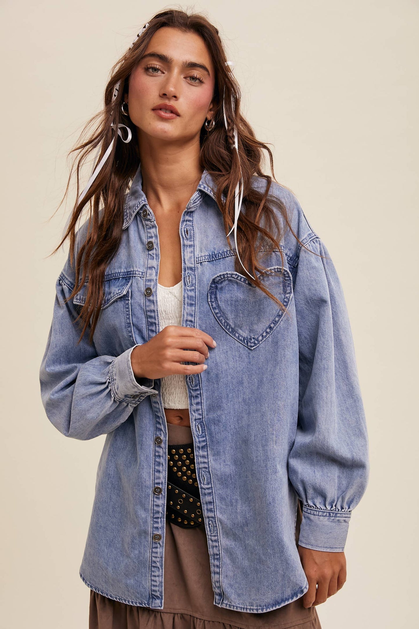 Heart Detail Oversized Denim Shirt/ Light Denim