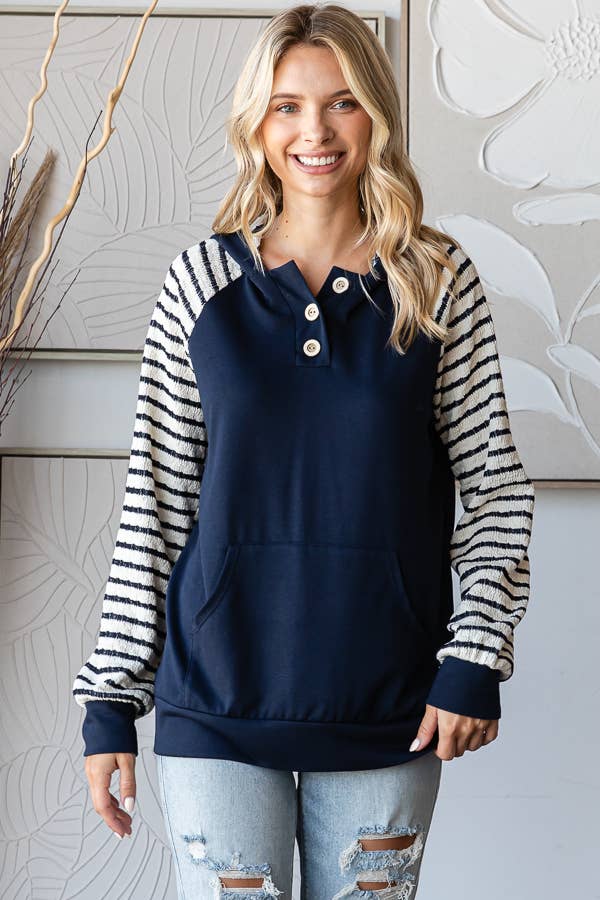 Stripe Contrast Hooded Knit Top/ Navy