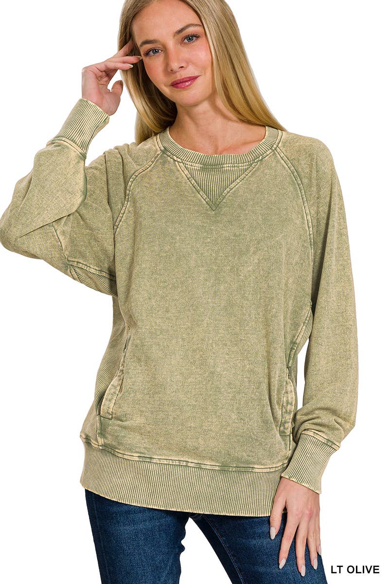 `Acid Wash French Terry Pullover w// Pockets: SLEET