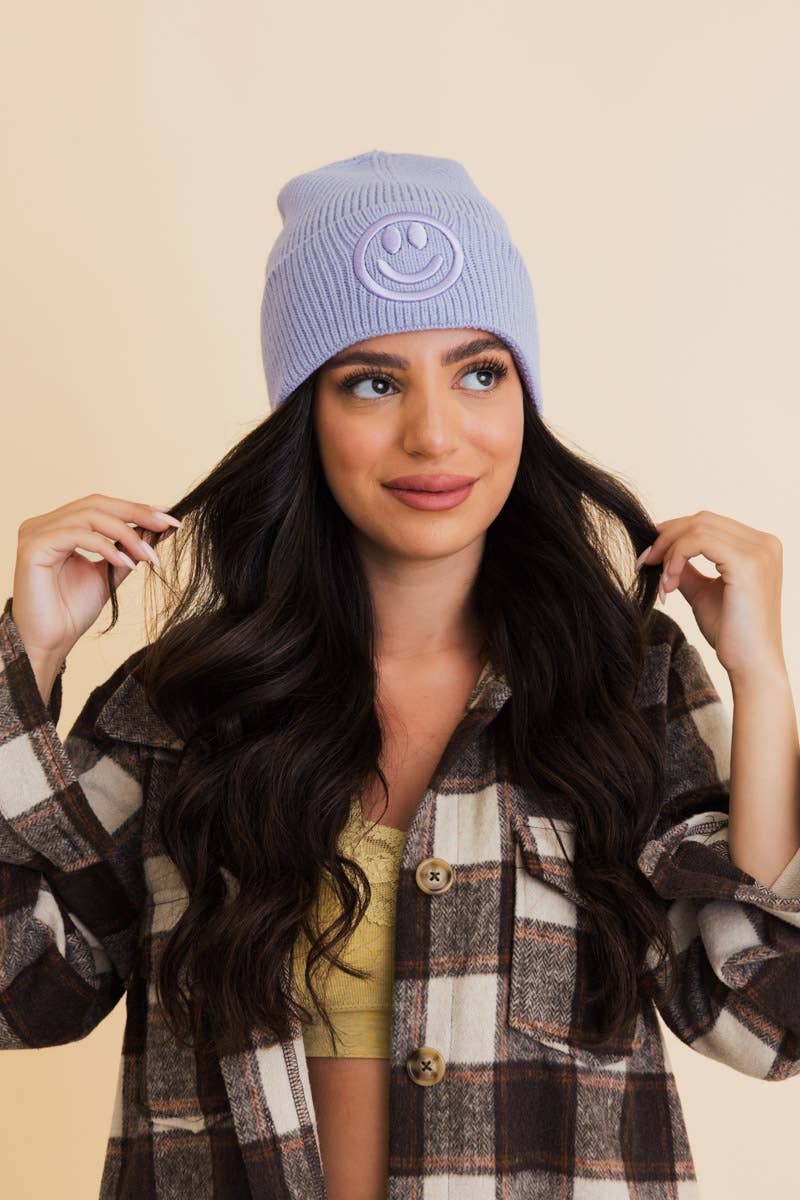 Happy Face Embroidered Ribbed Knit Beanie (Choose a color)