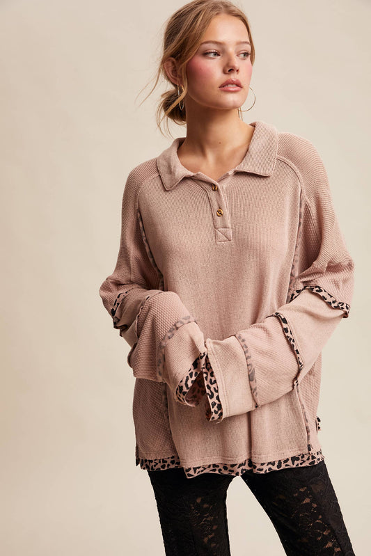 Leopard Trim Collared Thermal Top/ Dusty Pink