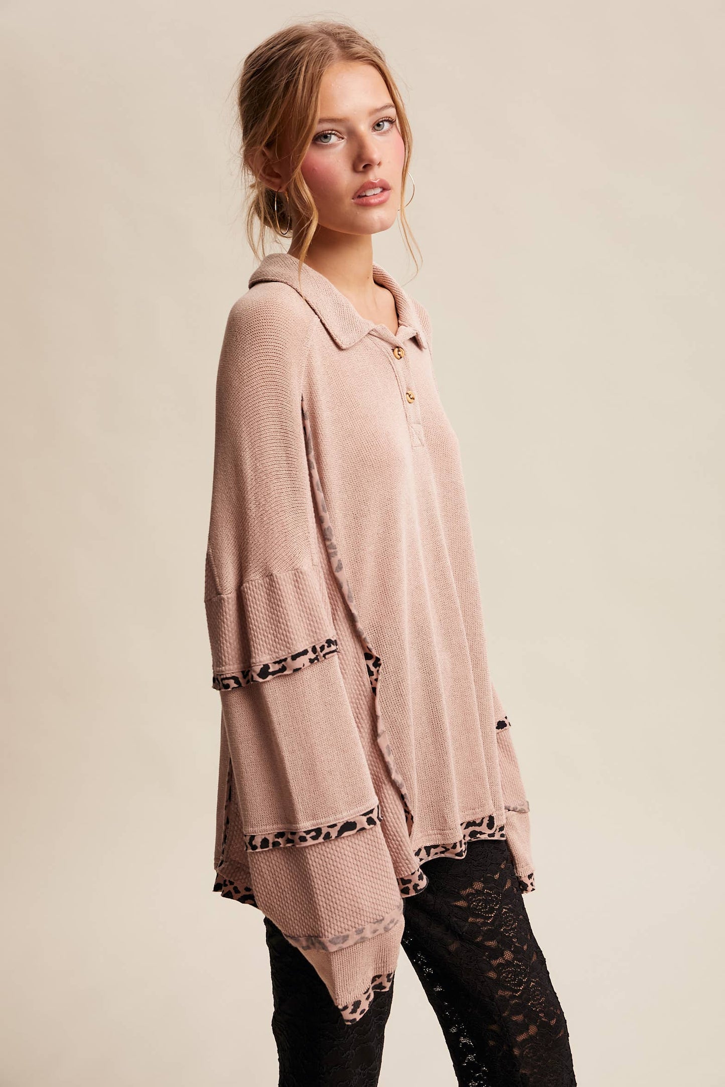 Leopard Trim Collared Thermal Top/ Dusty Pink