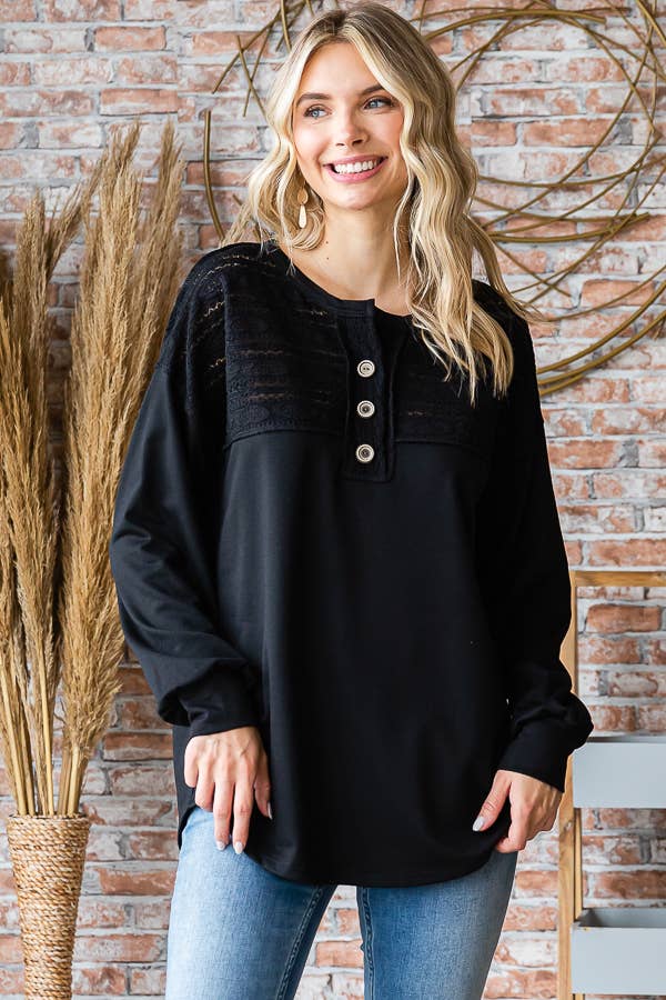 Women's Long Sleeve Lace Knit Top/ Black