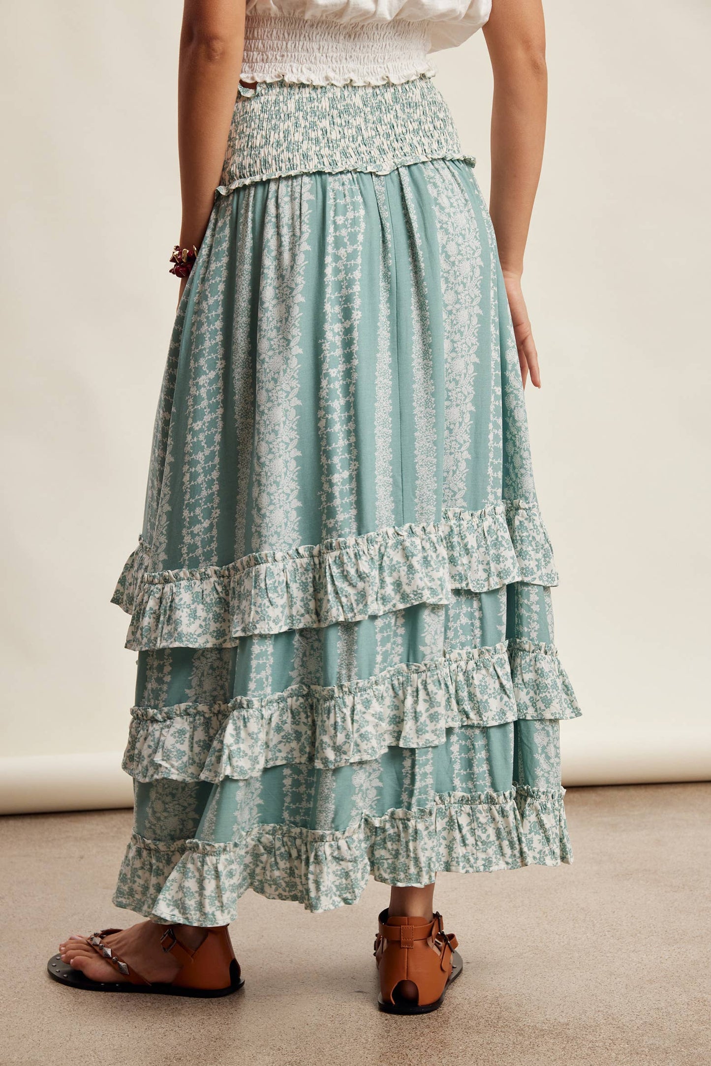 Mixed Print Tiered Maxi Skirt/ Sage