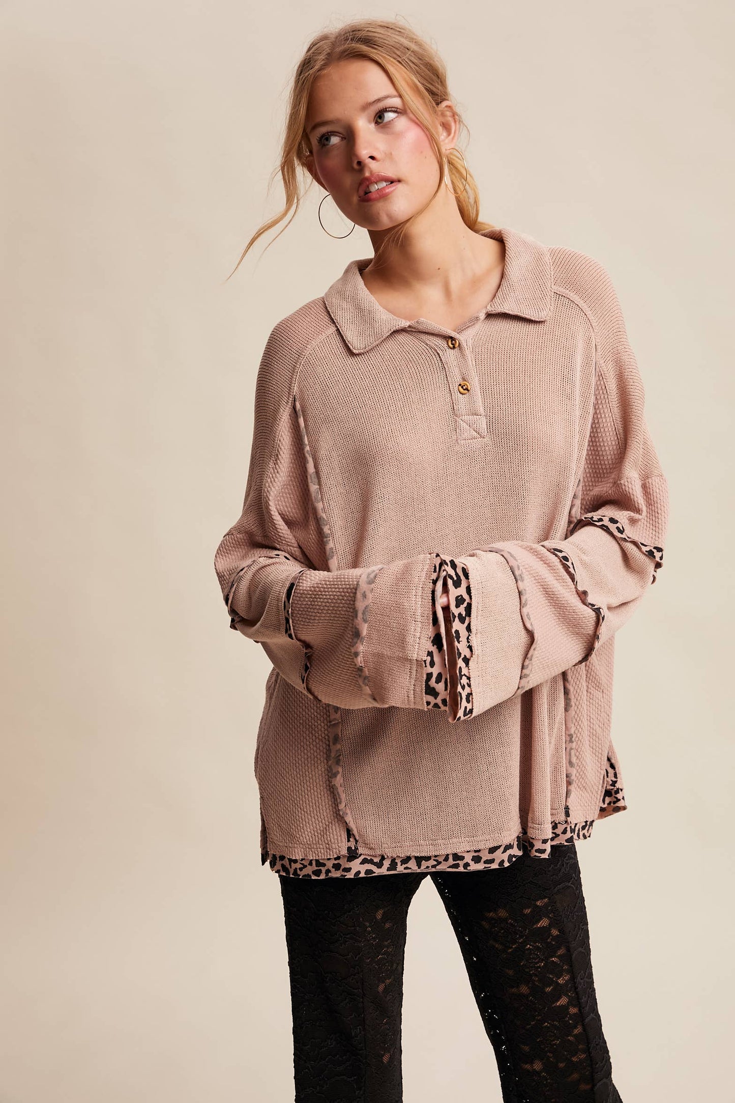Leopard Trim Collared Thermal Top/ Dusty Pink