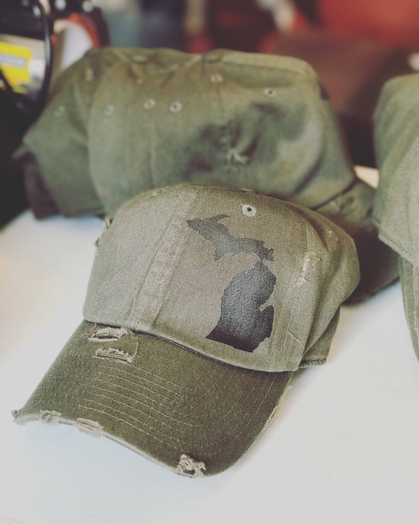 Distressed Dark Olive + Black Michigan Hat