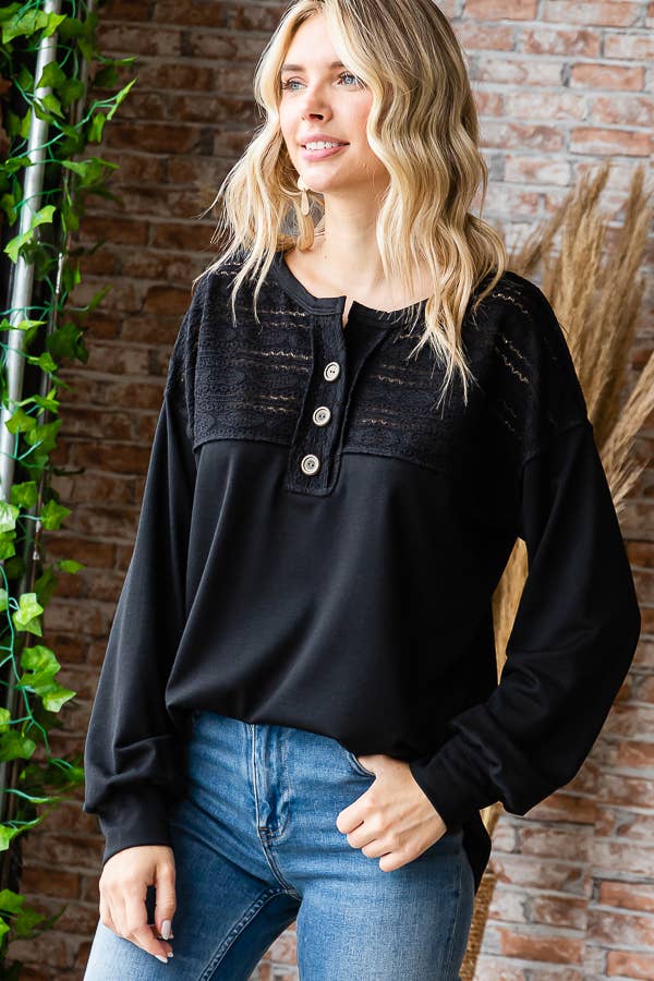 Women's Long Sleeve Lace Knit Top/ Black