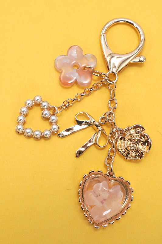 BAG CHARM- PRESSED FLOWER BOW PEARL HEART CHARMS/ Gold