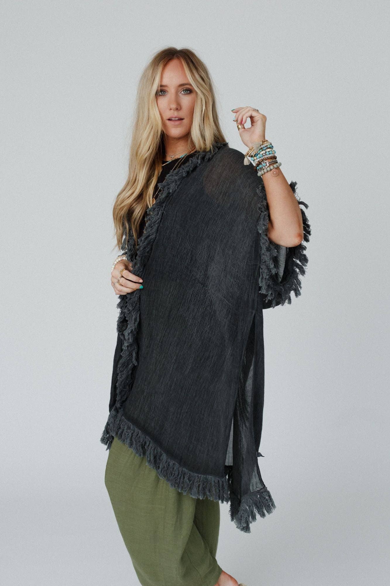 On The Edge Fringe Kimono - Charcoal: OS