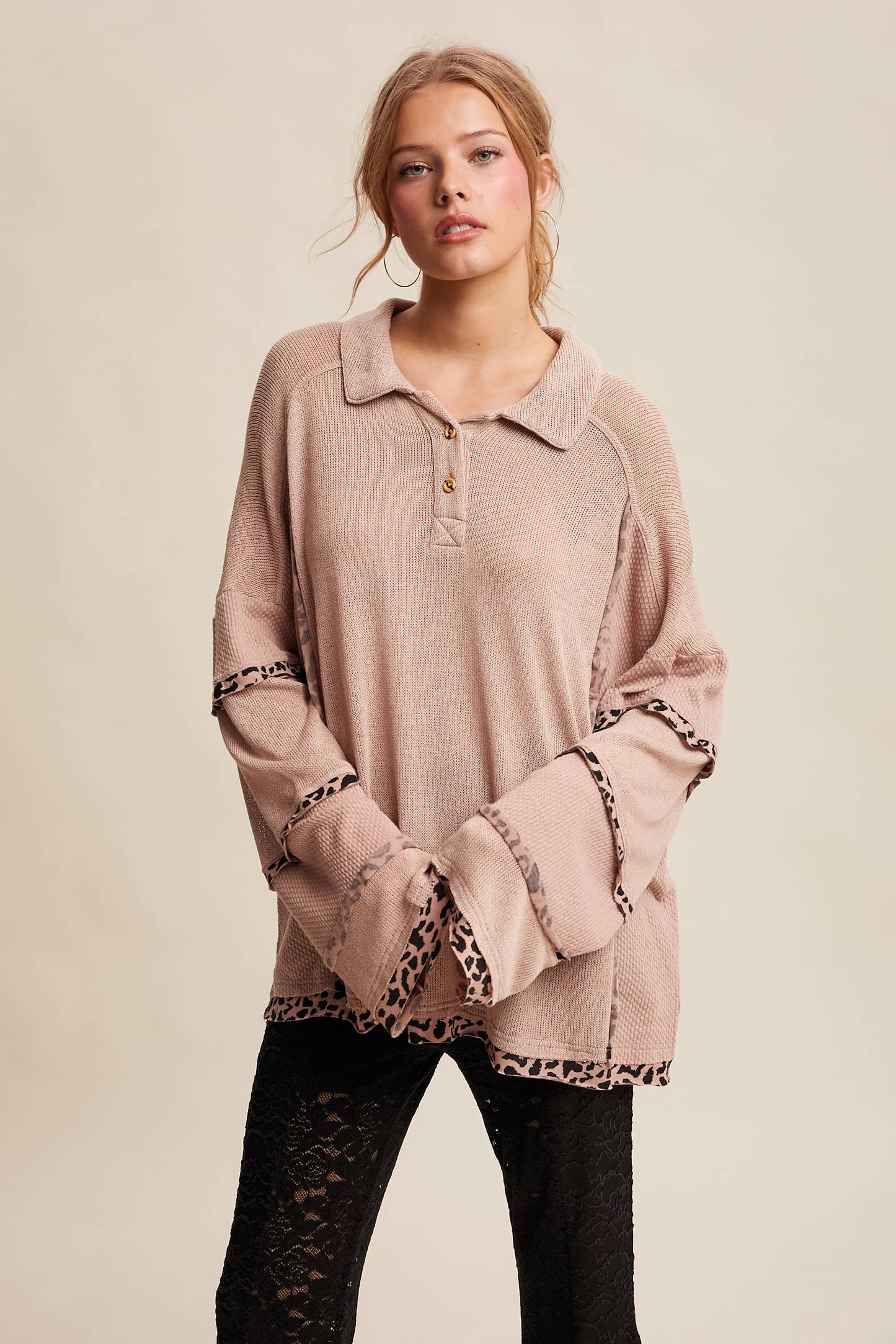 Leopard Trim Collared Thermal Top/ Dusty Pink