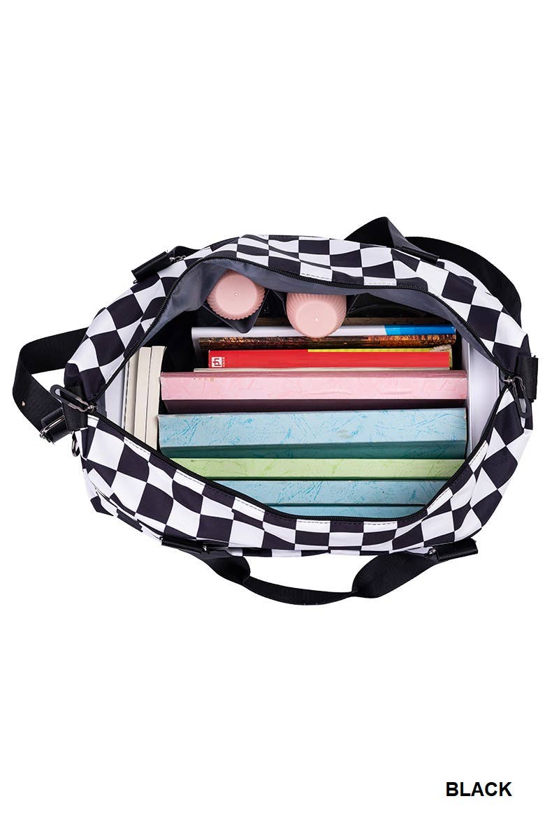 Large Capacity Checkered Travel Duffle Bag: BLACK