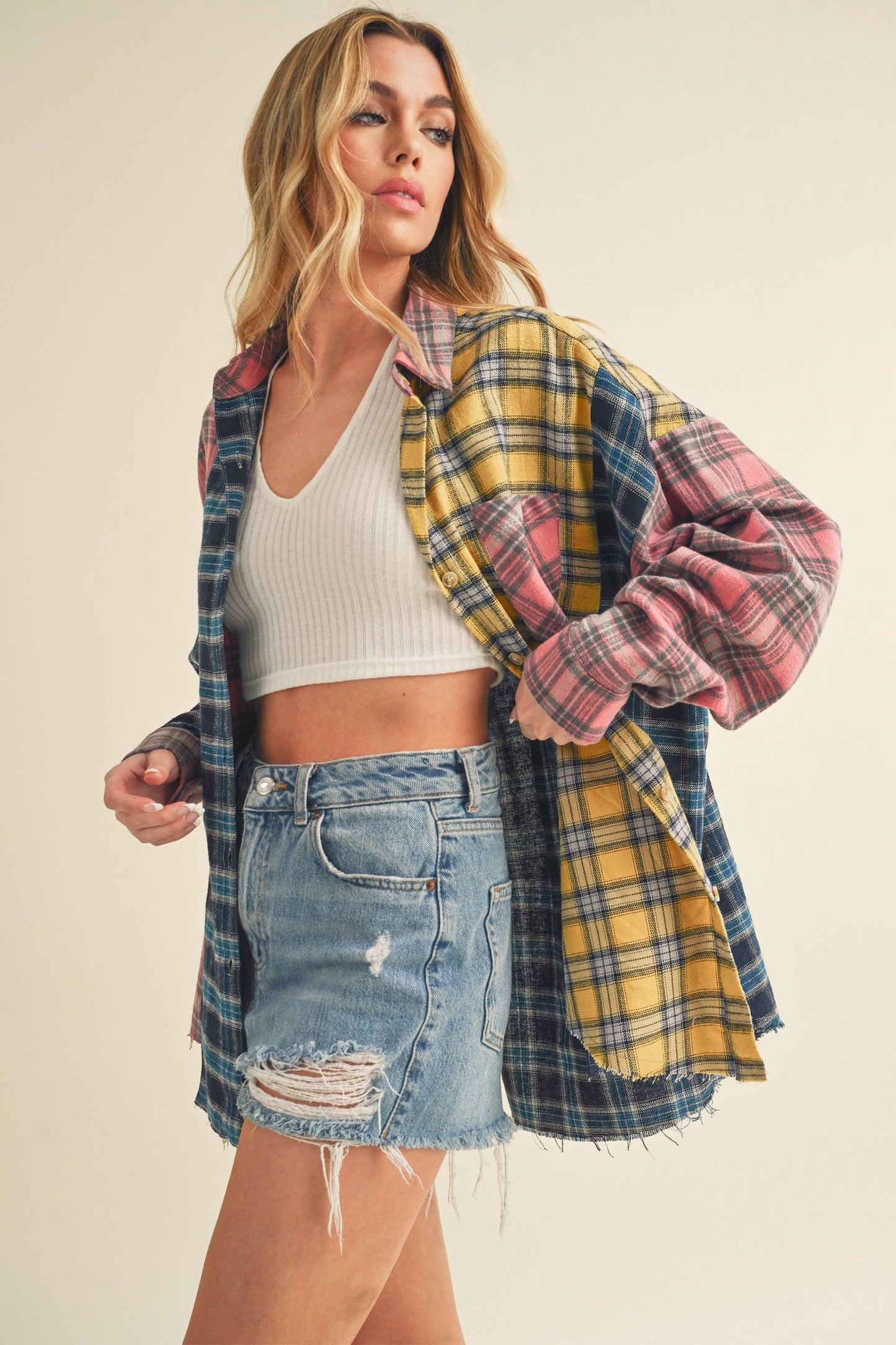 Neela Multi Color Plaid Flannel Shirt 1: Blue/Pink/Yellow