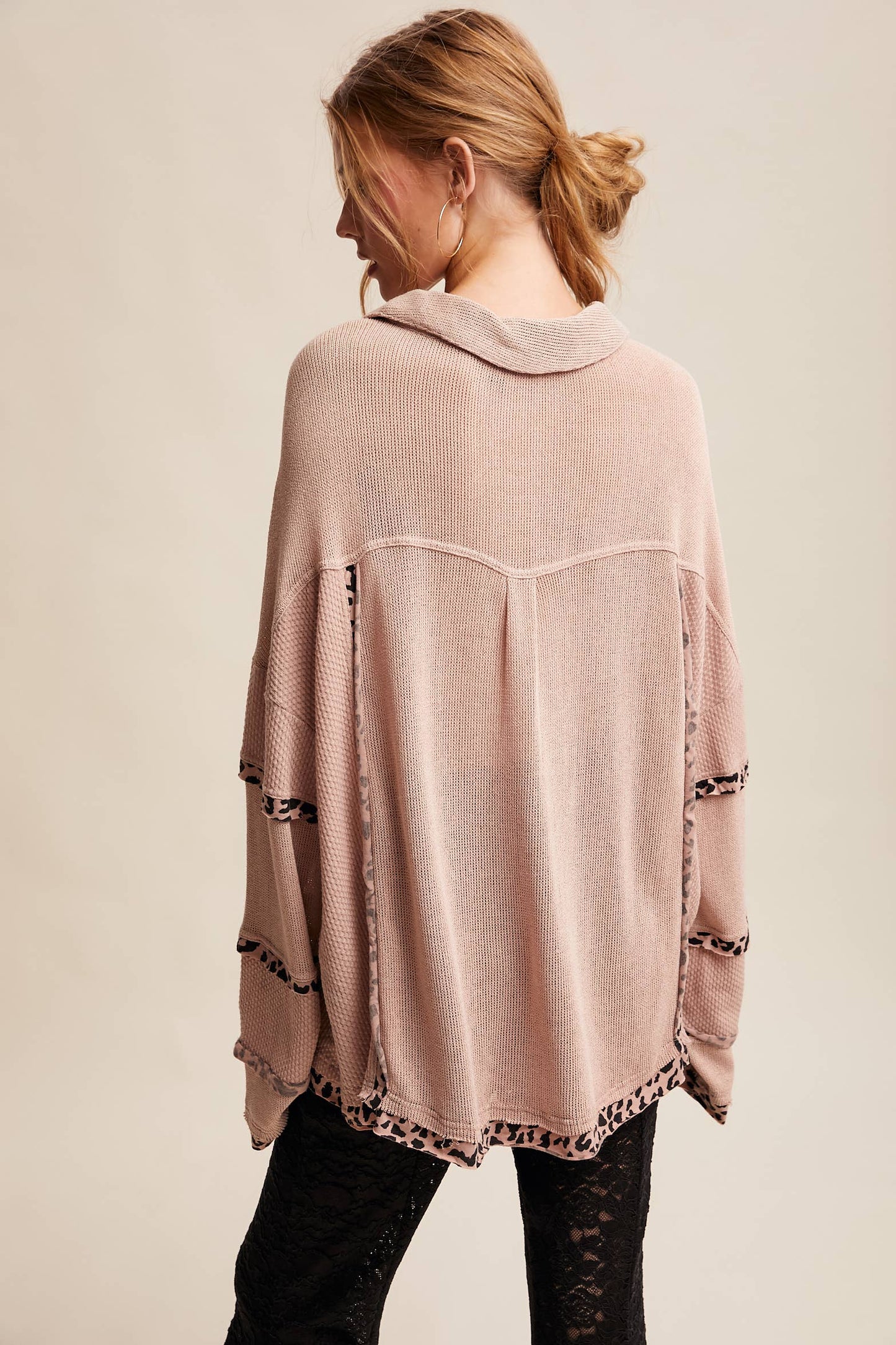 Leopard Trim Collared Thermal Top/ Dusty Pink