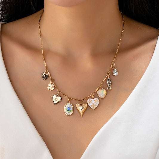 CHARM NECKLACE-HEARTS PORCELAIN FISH RHINESTONE