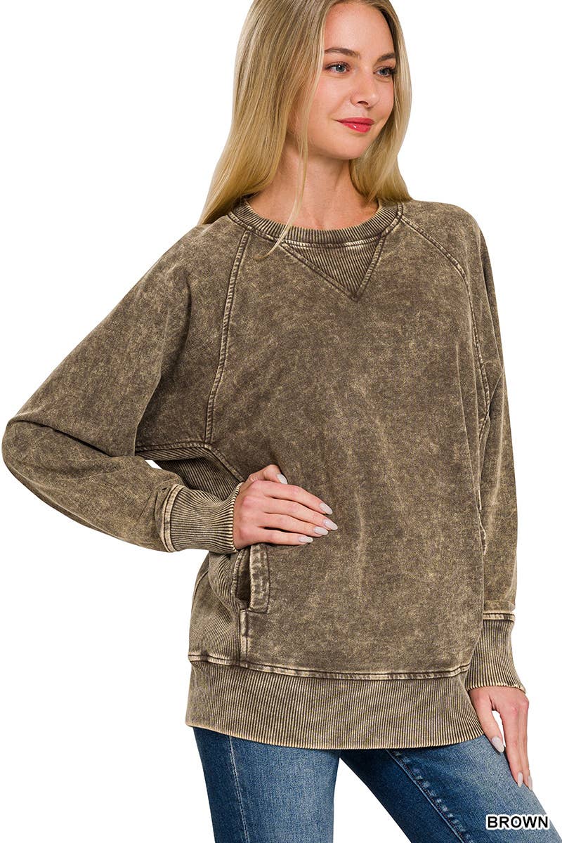 `Acid Wash French Terry Pullover w// Pockets: SLEET