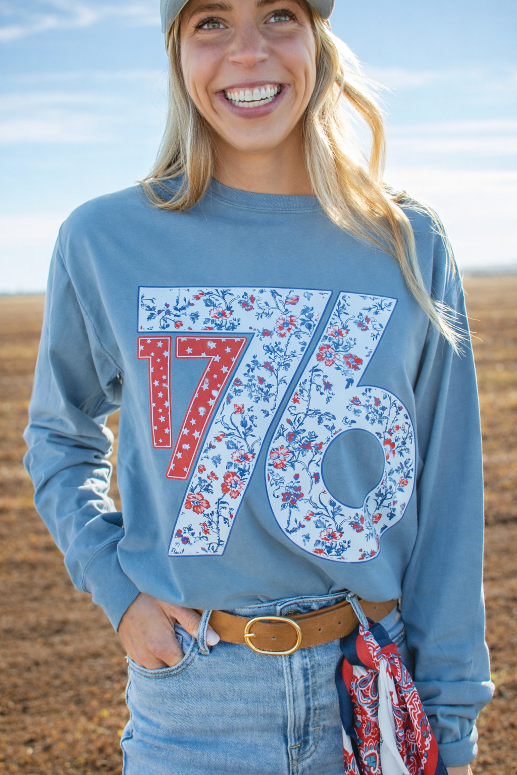 Western Patriotic Floral '1776' Blue Graphic Long Sleeve