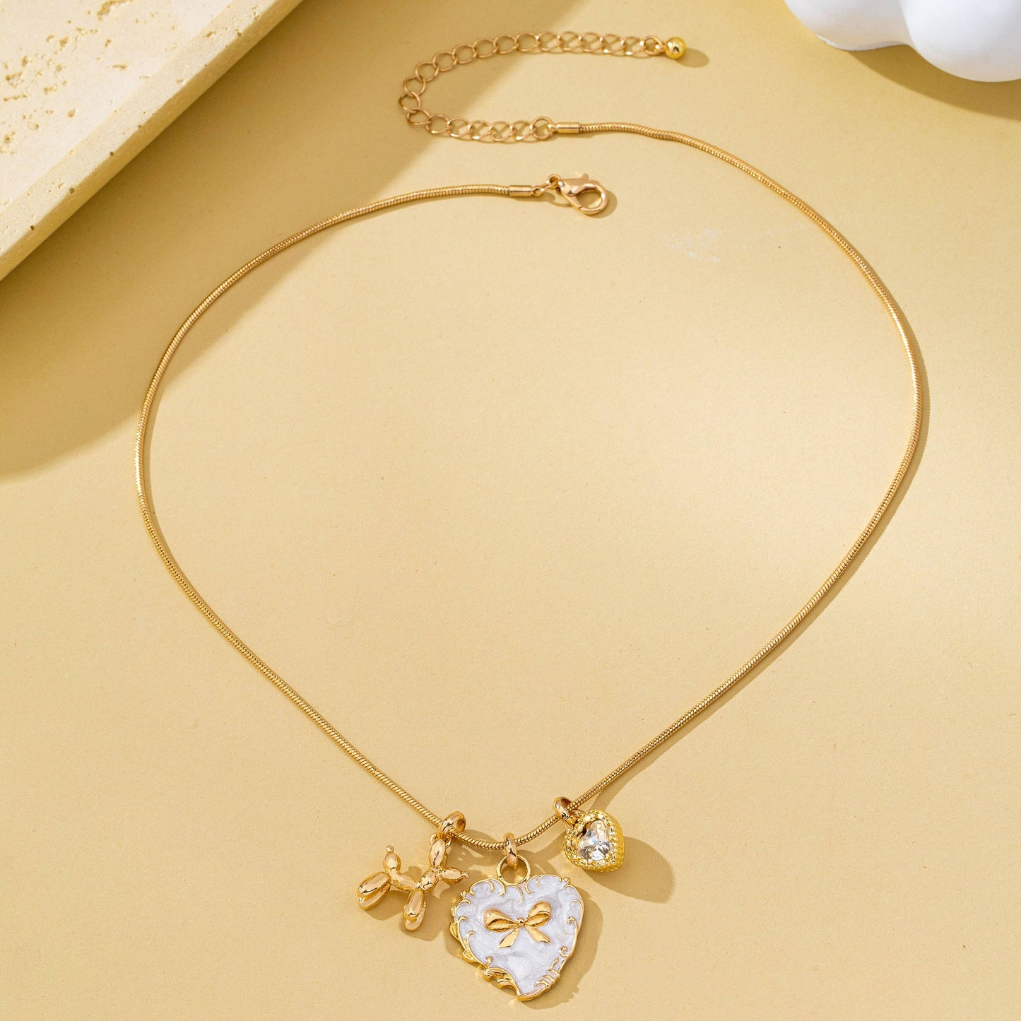 Bow Heart & Balloon Dog Crystal Charm Necklace/ Gold