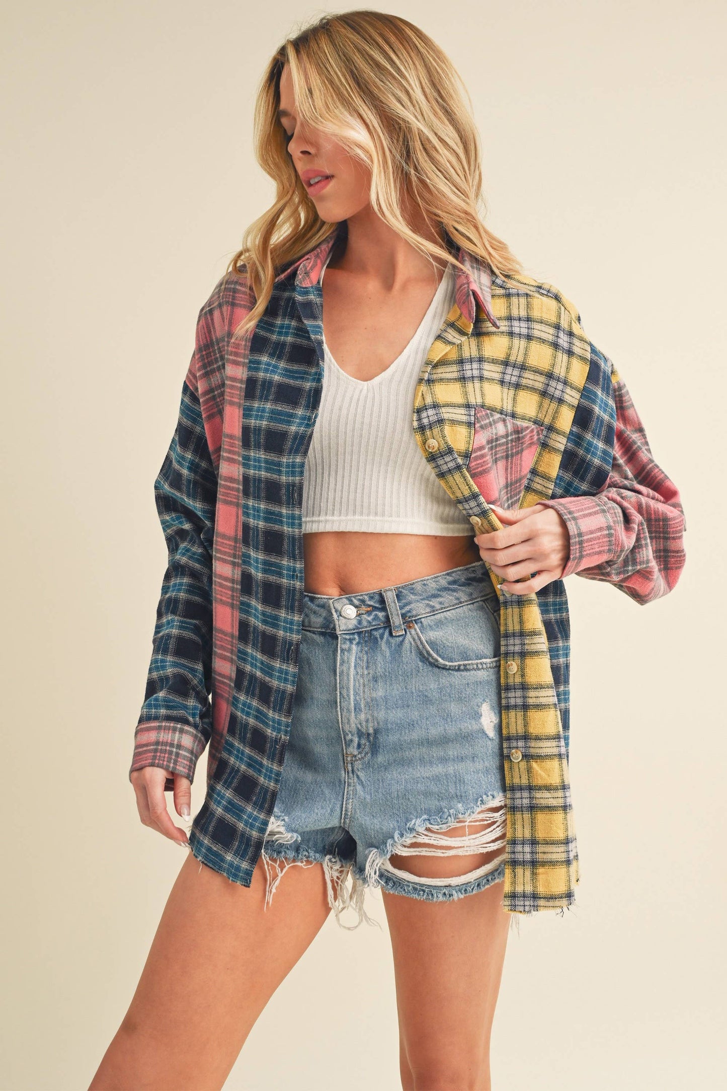 Neela Multi Color Plaid Flannel Shirt 1: Blue/Pink/Yellow