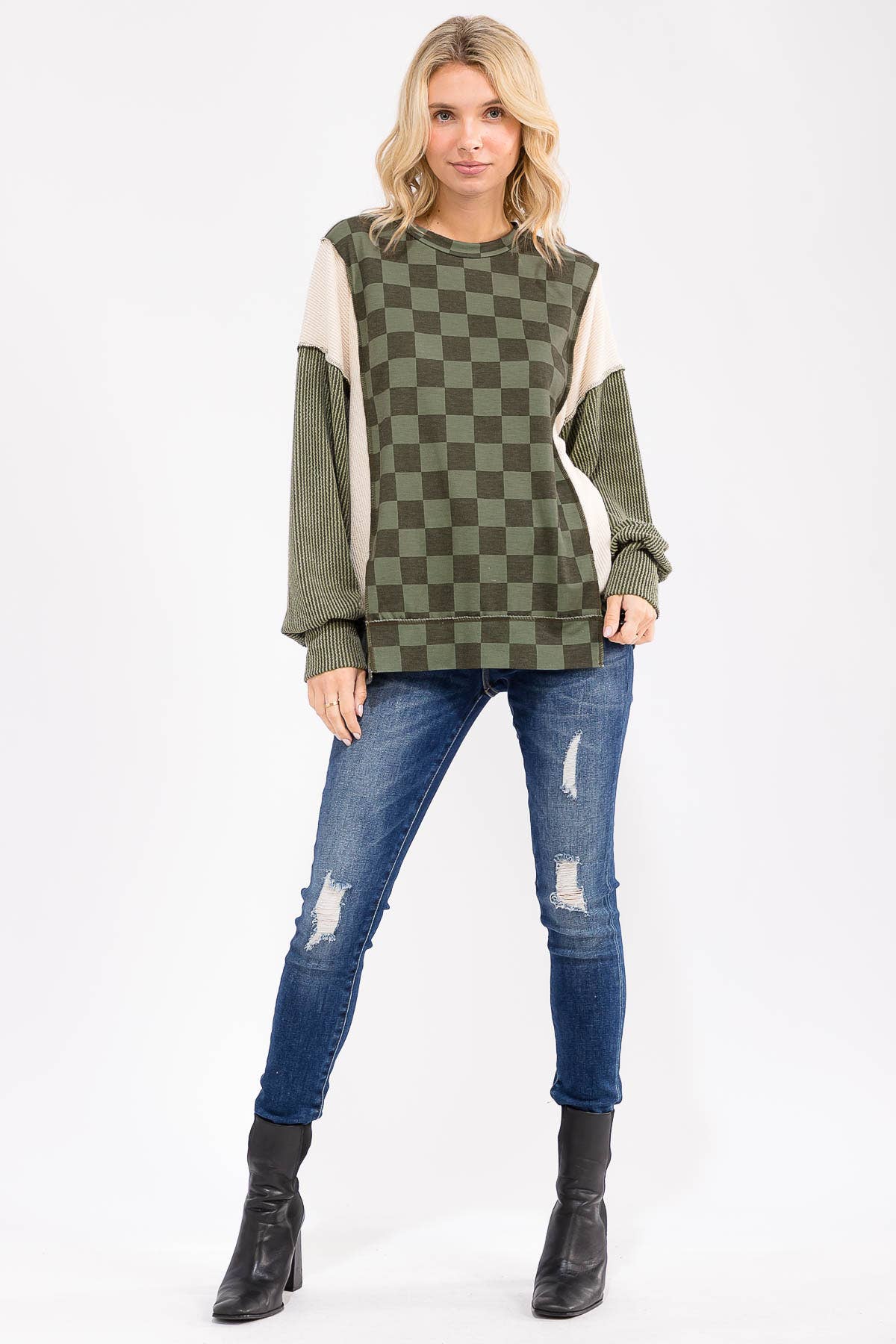 Checkered Print Long Sleeve Pullover Top/ Olive