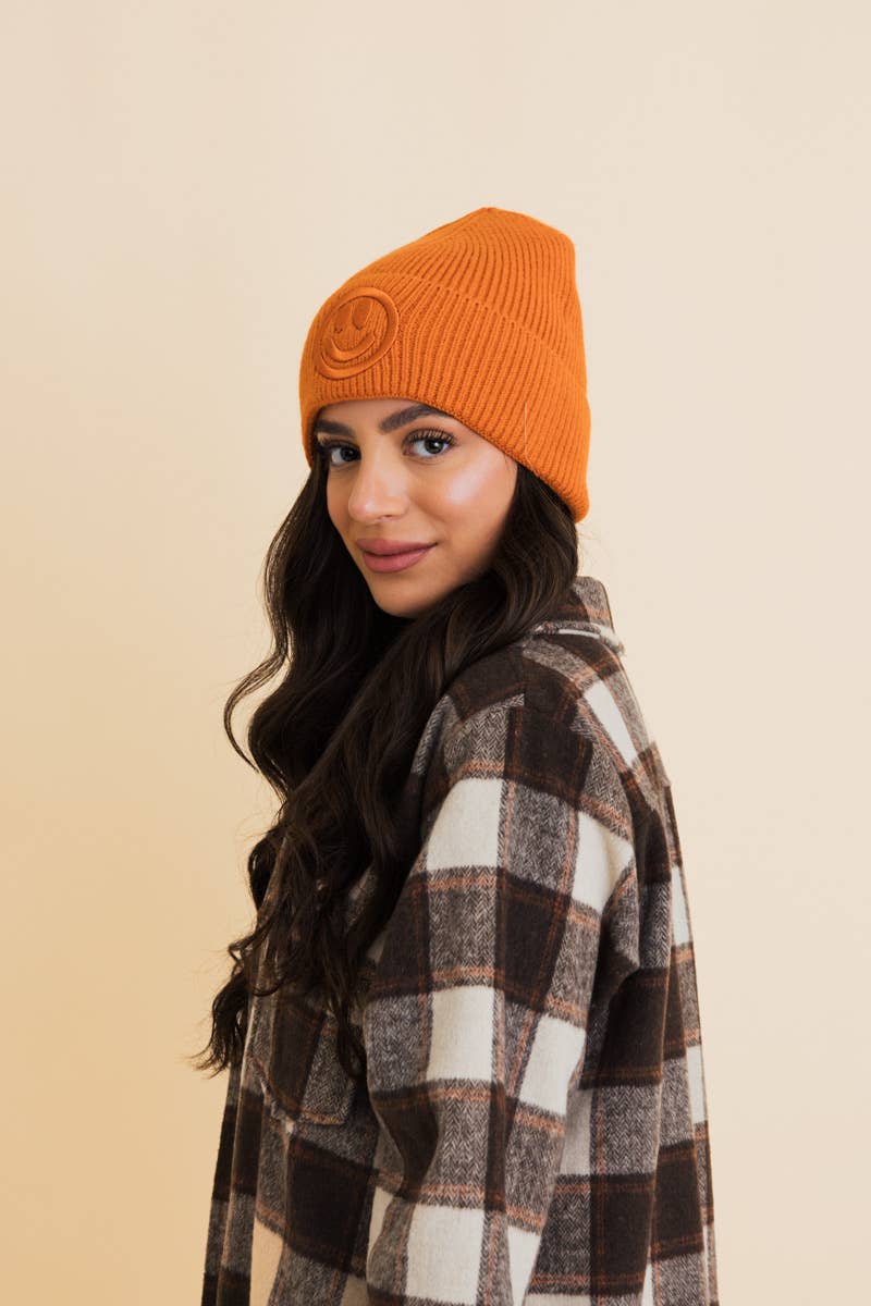 Happy Face Embroidered Ribbed Knit Beanie (Choose a color)