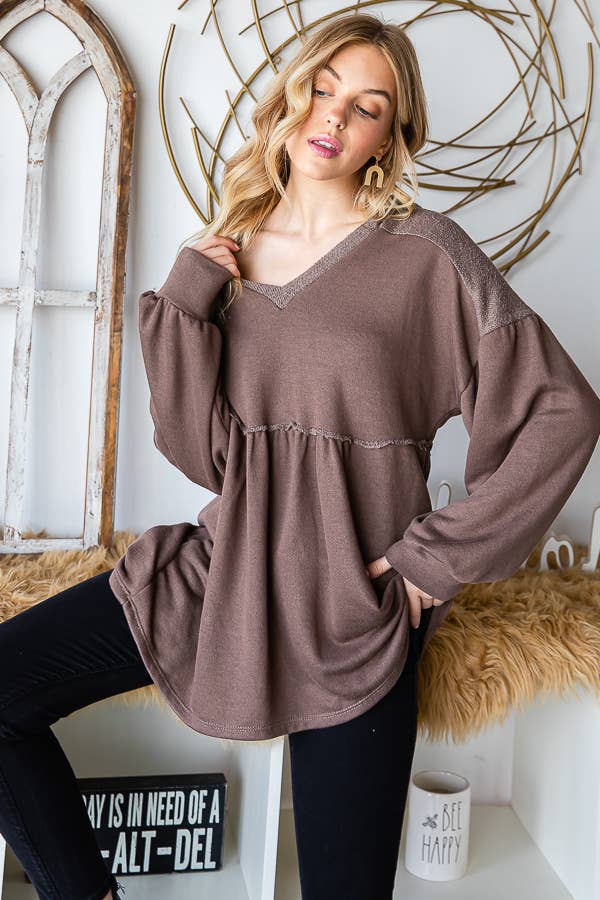 Baby Doll Drop Shoulder Hooded Top/ Mocha