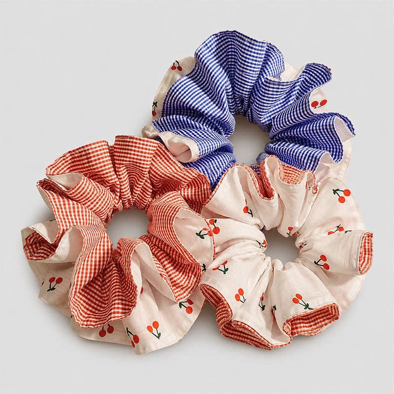 Cherry Gingham Ruffle Hair Scrunchie: Blue / One Size