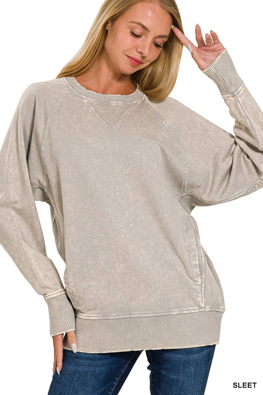 `Acid Wash French Terry Pullover w// Pockets: SLEET