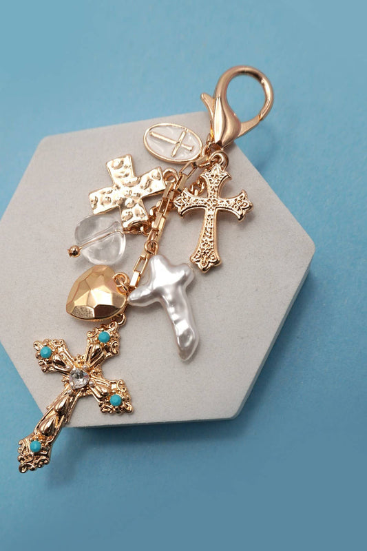 BAG CHARM- WESTERN HEART PEARLIZED CROSS/ Gold