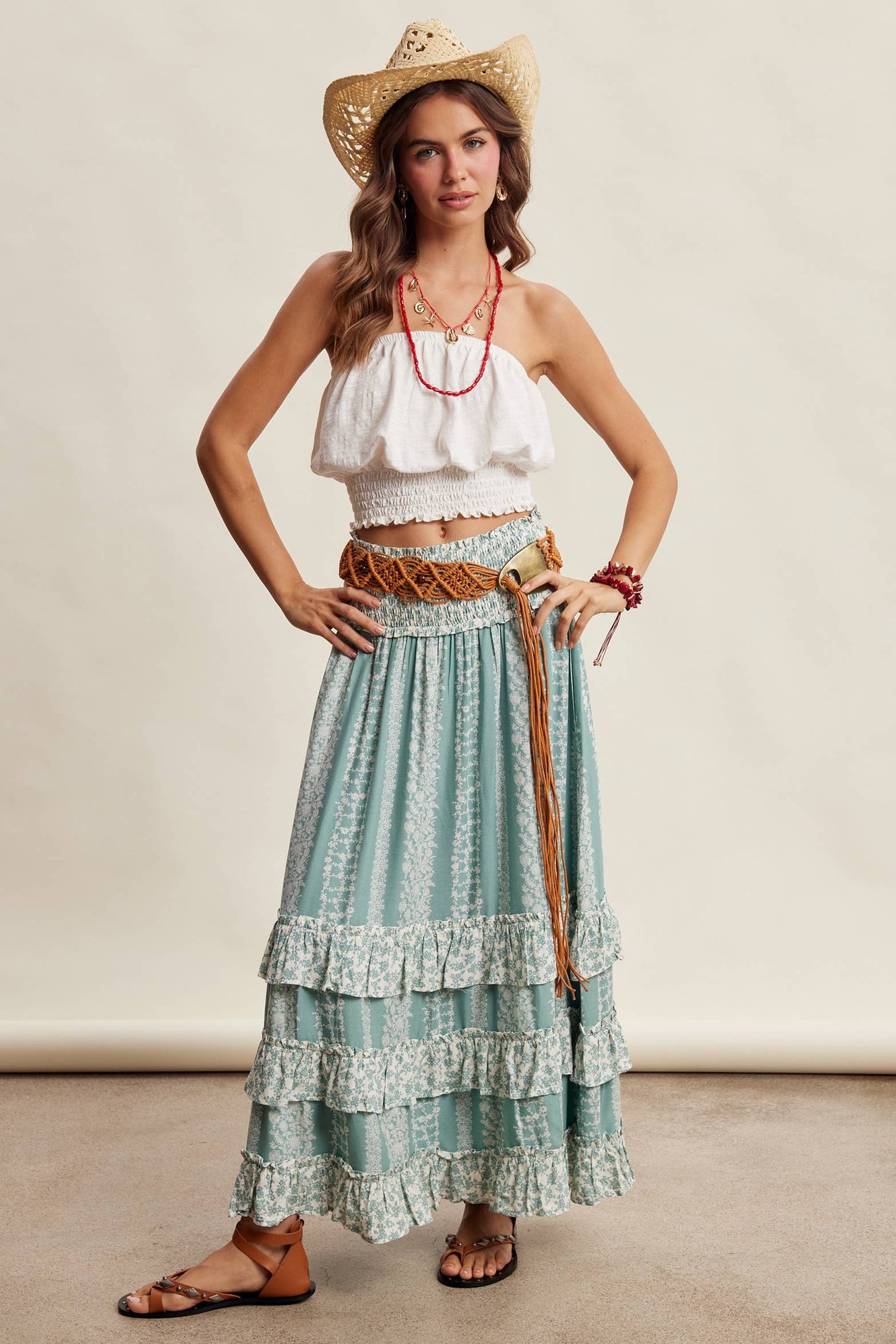 Mixed Print Tiered Maxi Skirt/ Sage
