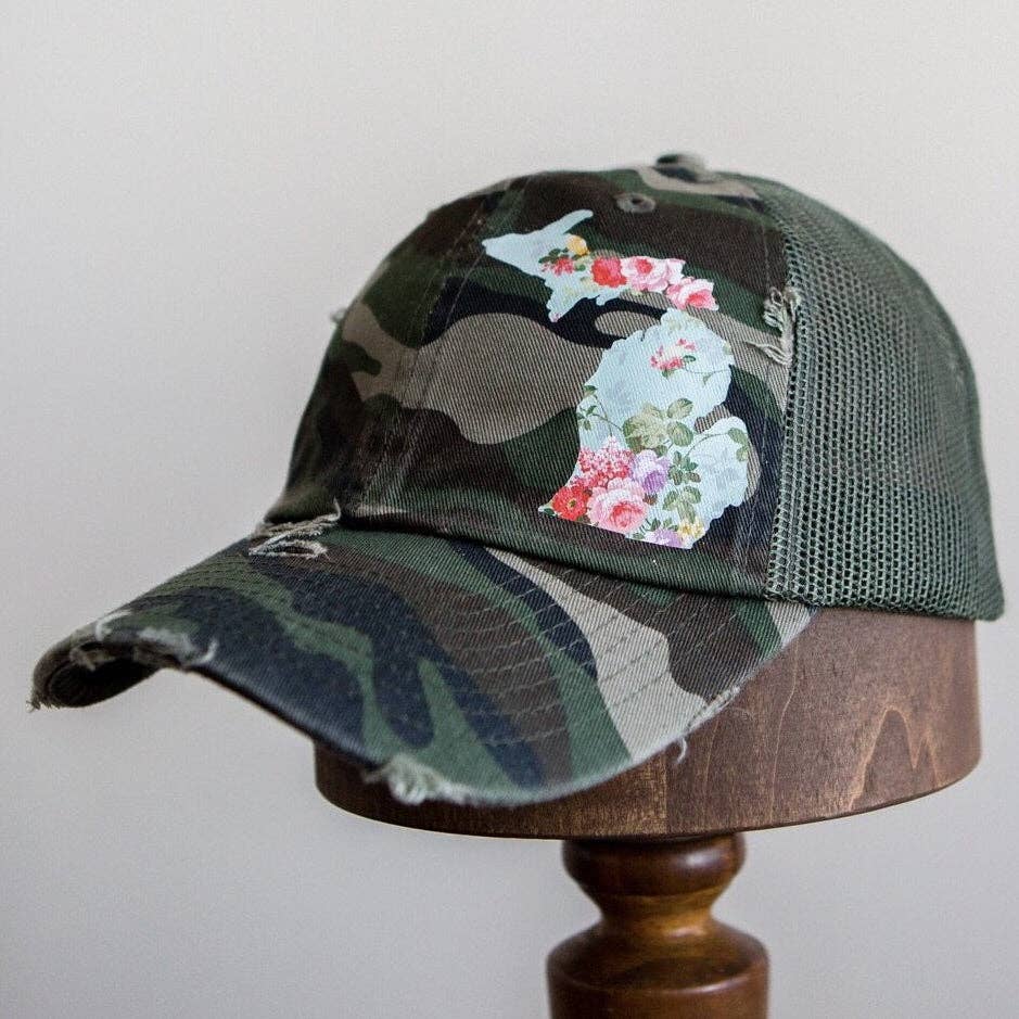Hat //  Michigan  ~  CAMO Vintage Floral Michigan Trucker Hat