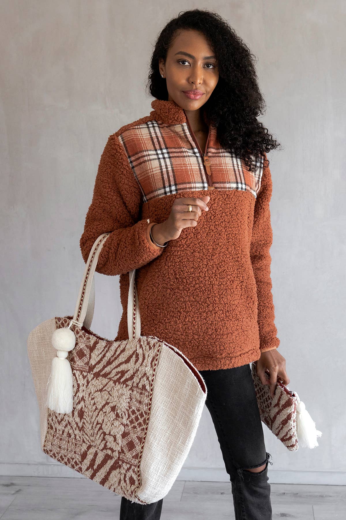 Natalia Two-Tone Cotton Tote Bag Off White/Rust