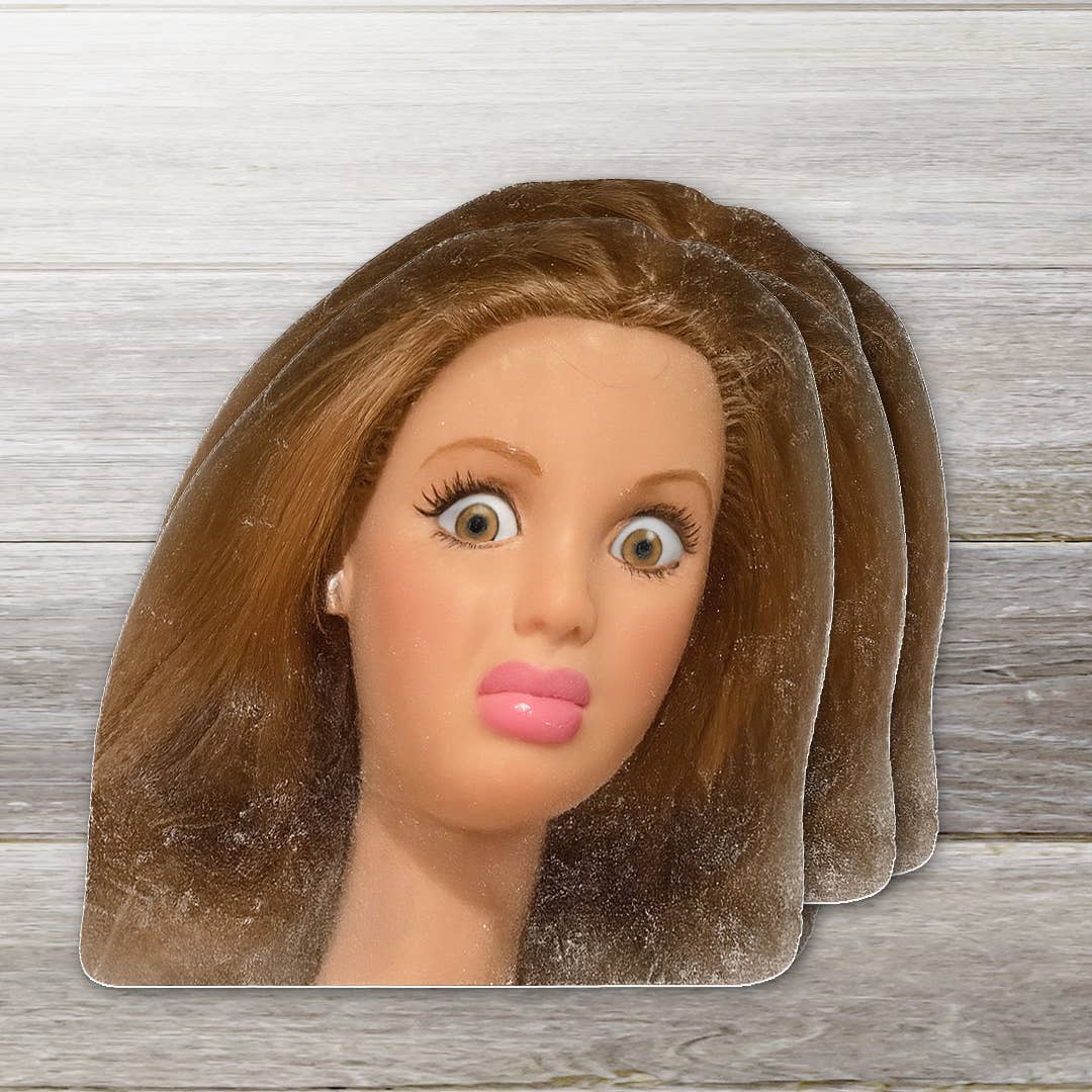 Funny Doll Face – Vinyl Sticker: 2" tall