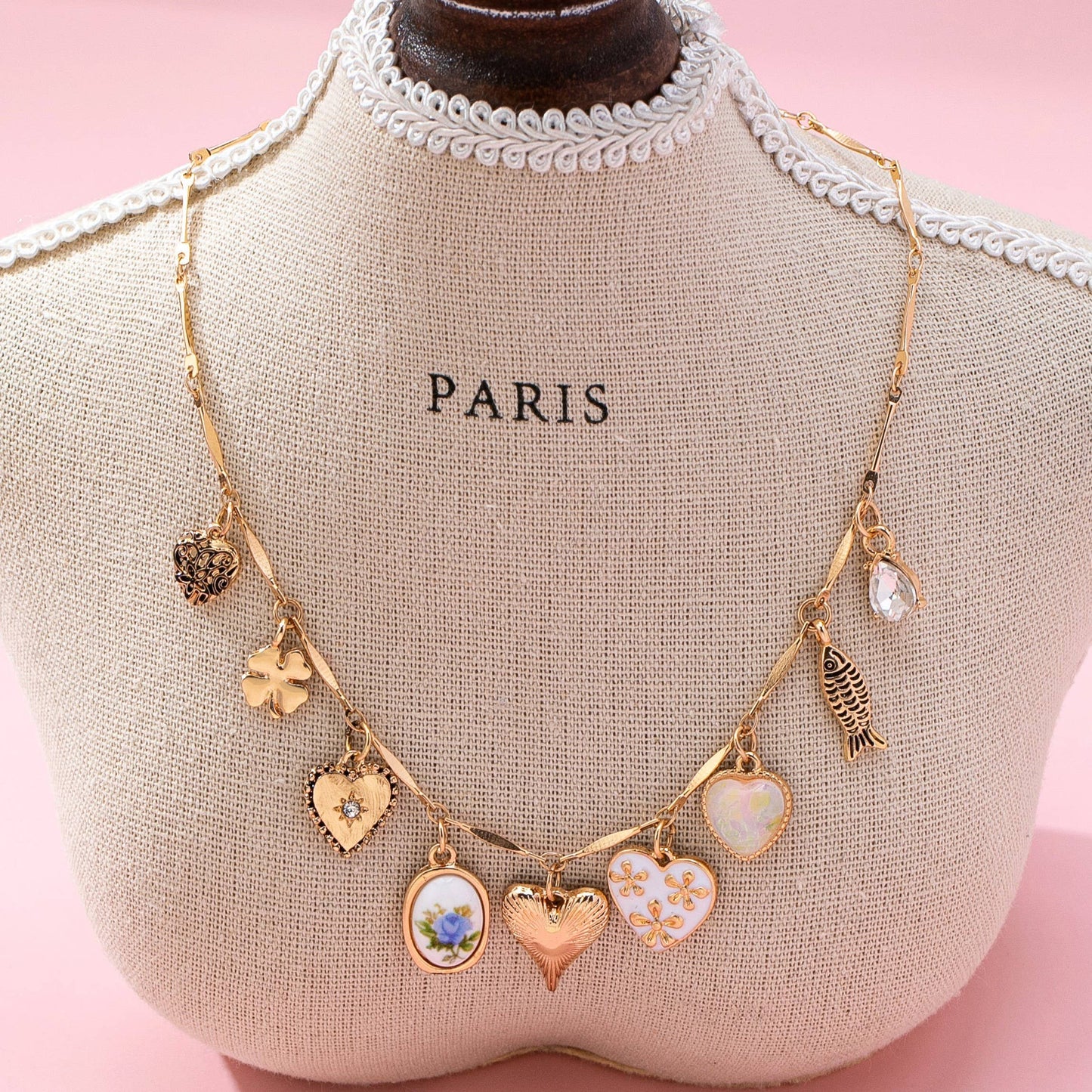 CHARM NECKLACE-HEARTS PORCELAIN FISH RHINESTONE