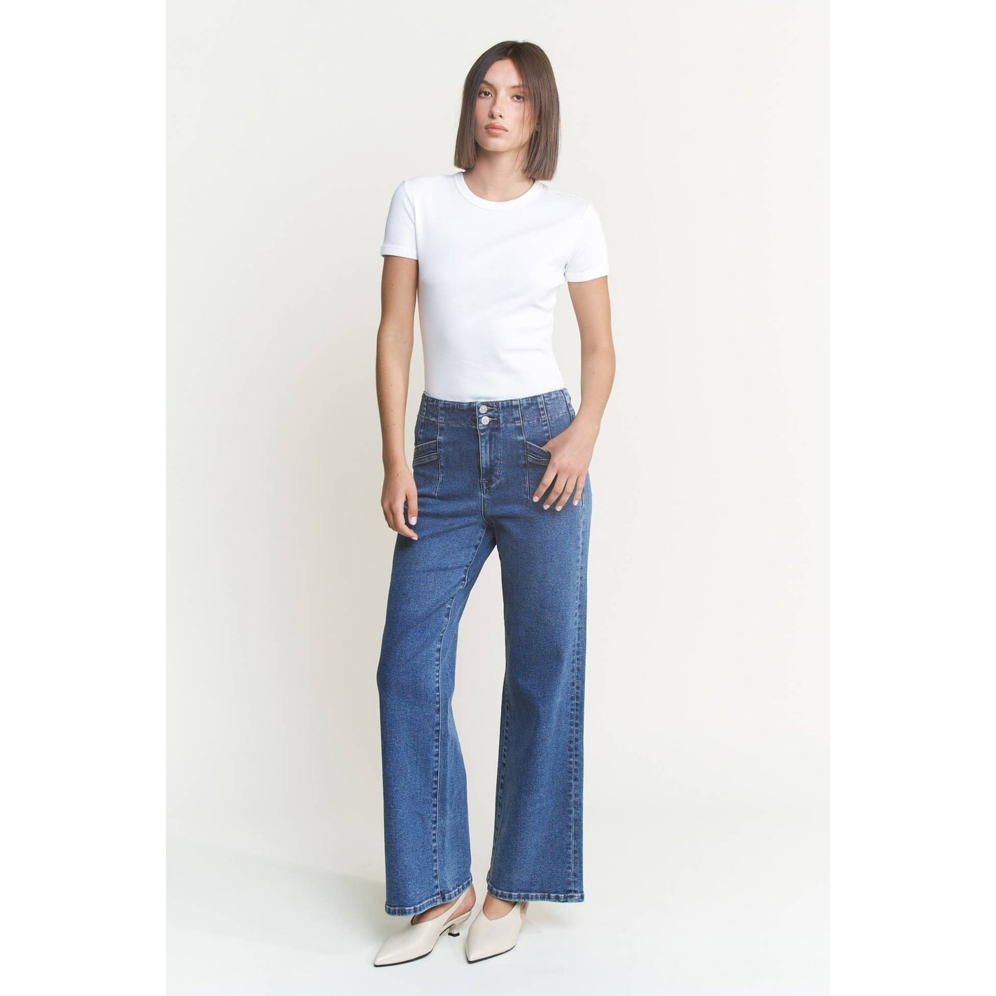 Mica- SUPER HIGH RISE WIDE LEG WITH Double Button: MEDIUM WASH