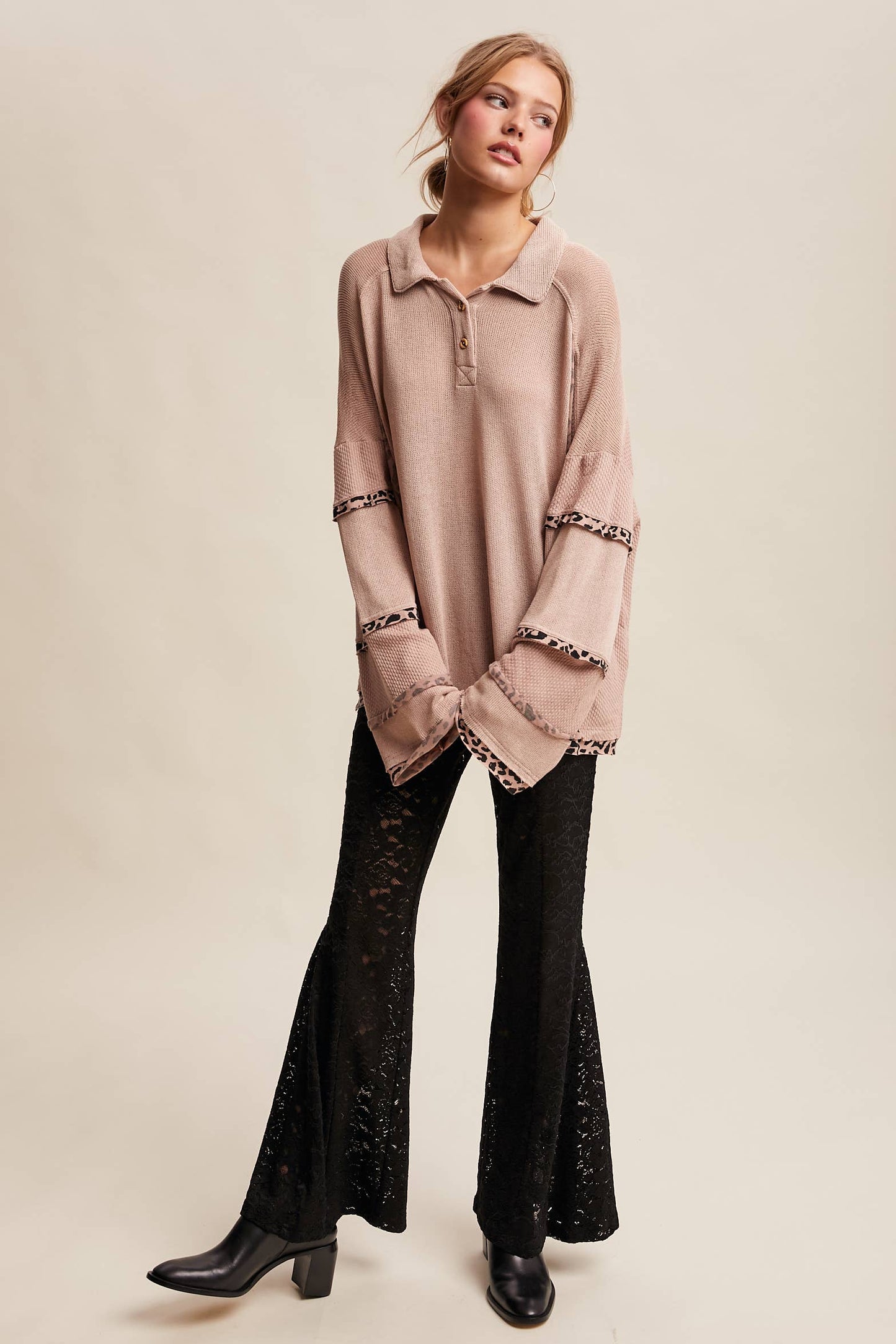 Leopard Trim Collared Thermal Top/ Dusty Pink