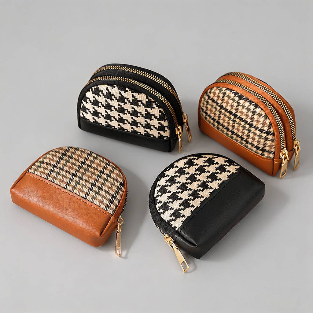 Elegant Plaid Mini Pouch: Brown / Double zip