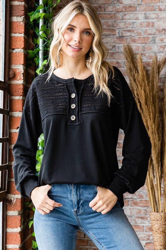 Women's Long Sleeve Lace Knit Top/ Black