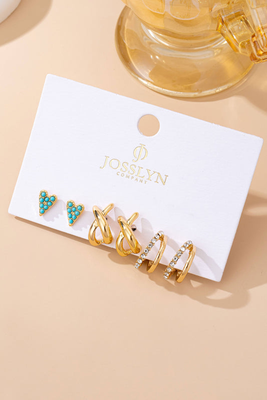 Turquoise & Crystal Mixed Earring Set/ GOLD