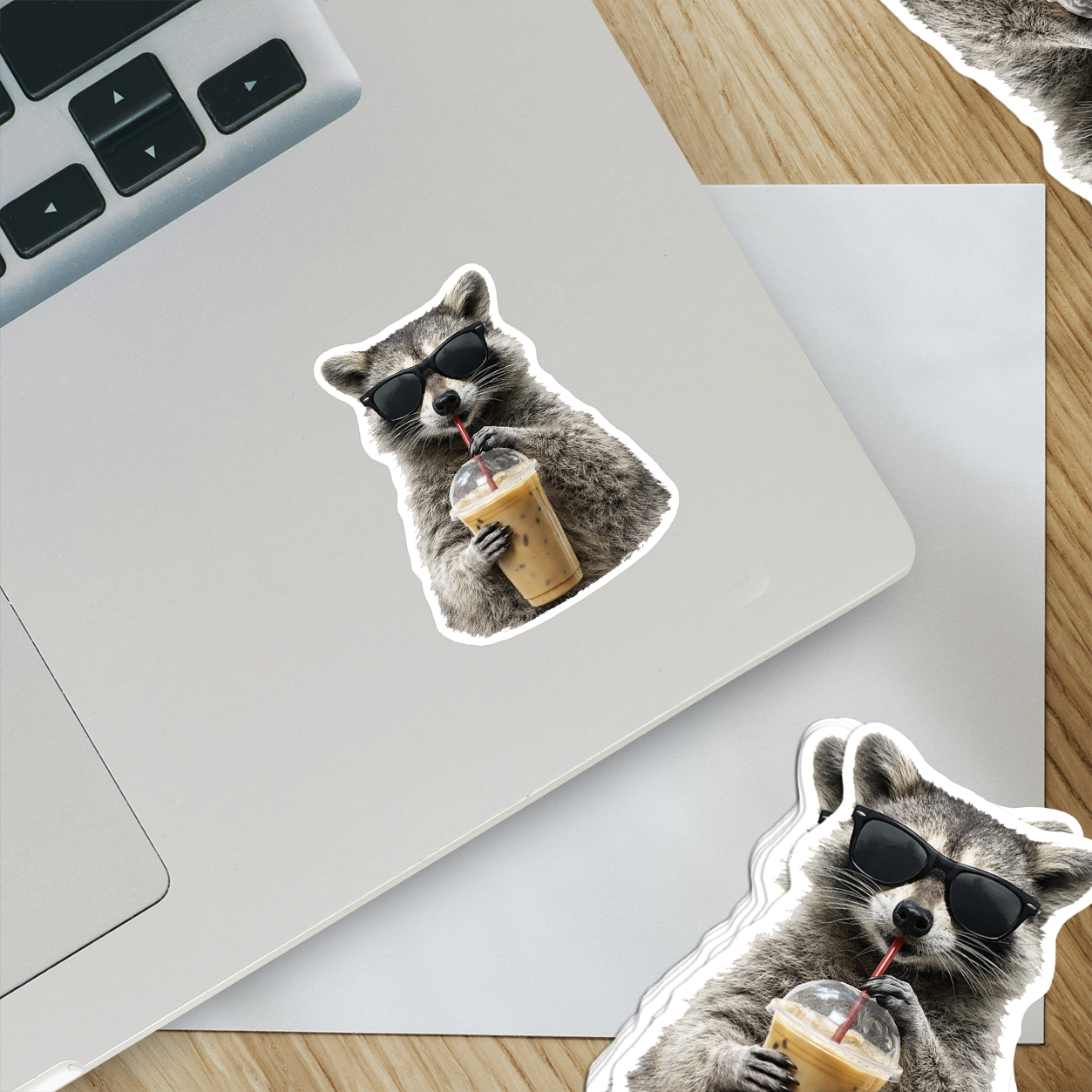 Cool Raccoon Iced Coffee Vinyl Sticker: 2" tall