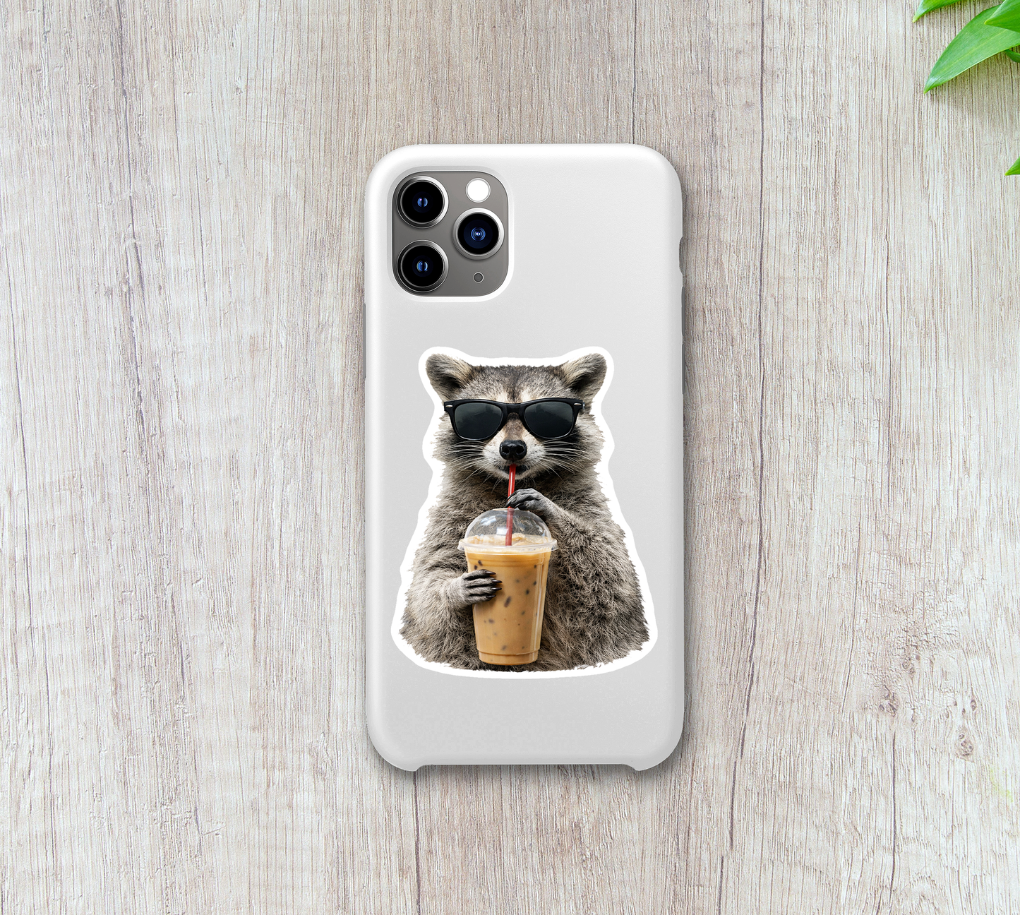 Cool Raccoon Iced Coffee Vinyl Sticker: 2" tall