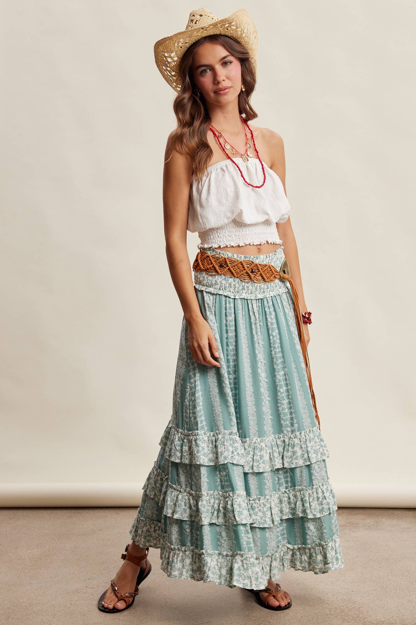 Mixed Print Tiered Maxi Skirt/ Sage