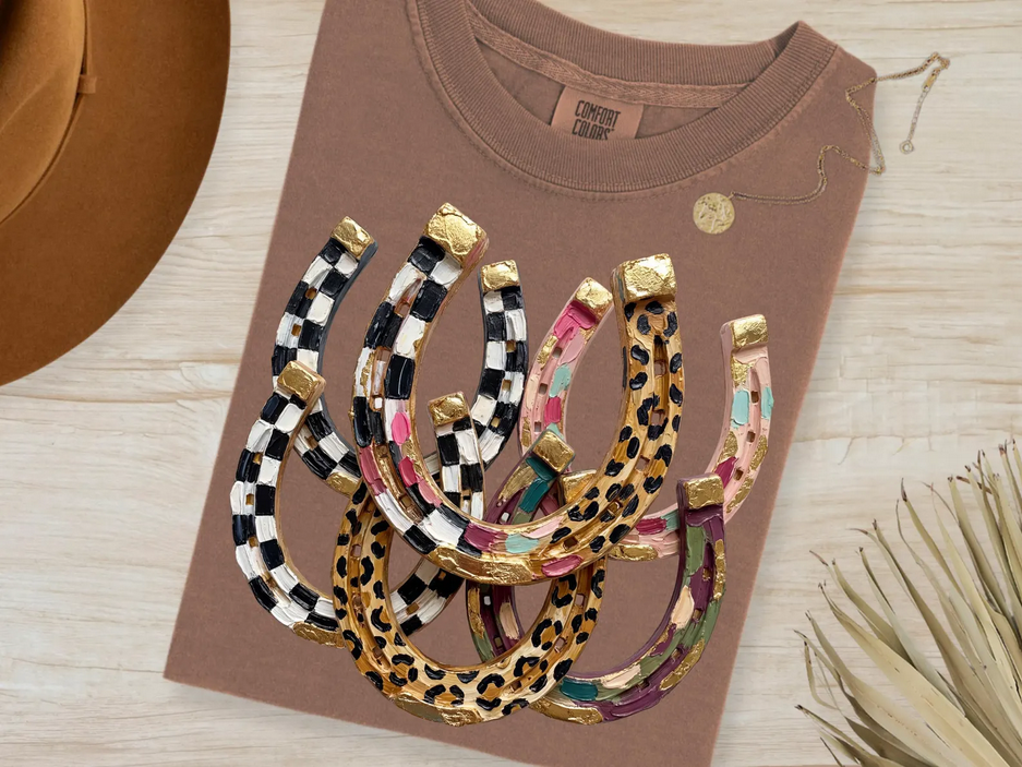 Oil Painted Horseshoes Faux Graphic Tee: Espresso