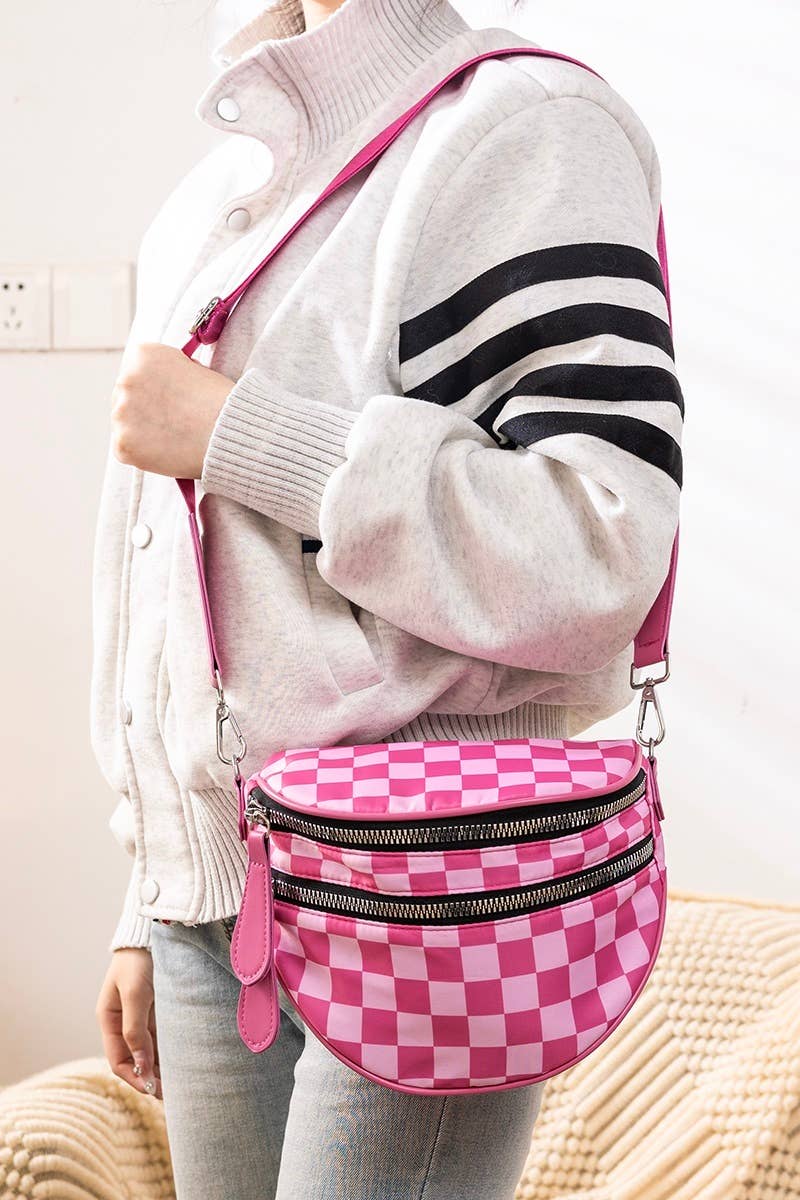 Double Zip Crescent Sling Bum Bag: HOT PINK CHECKERED