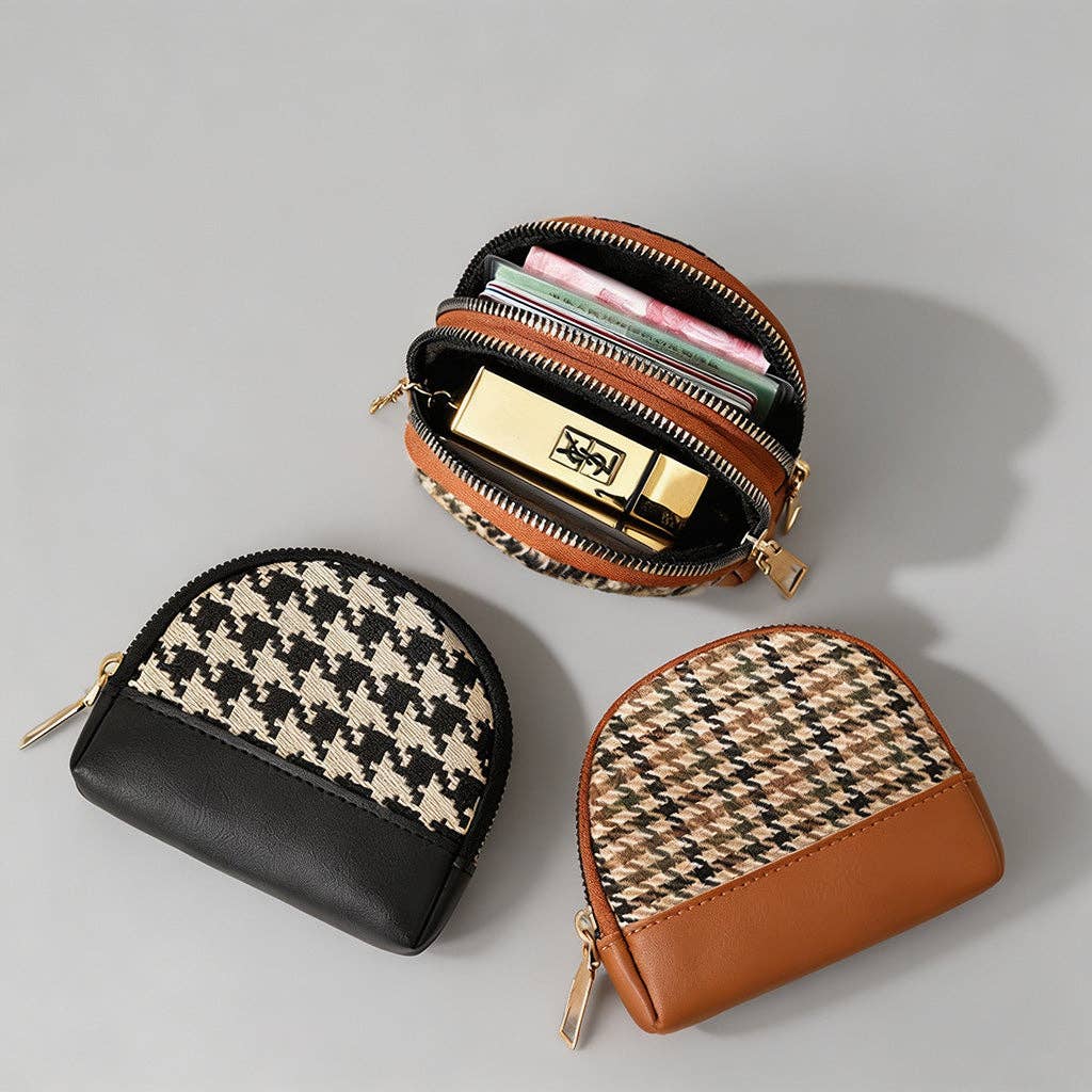 Elegant Plaid Mini Pouch: Brown / Double zip