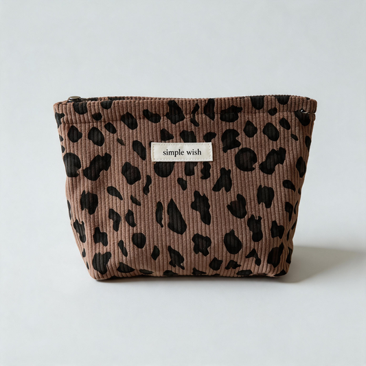 Vintage Leopard Print Corduroy Zipper Makeup Pouch: Coffee / One Size