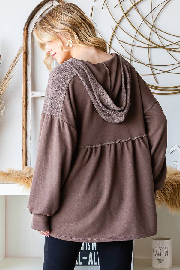 Baby Doll Drop Shoulder Hooded Top/ Mocha