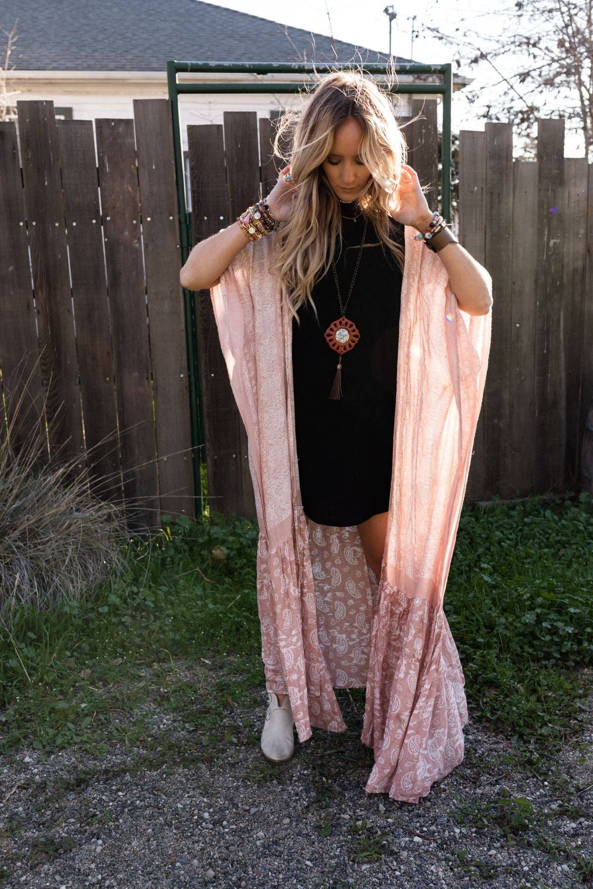 Paisley Tapestry Free Flow Duster Kimono - Blush: Blush