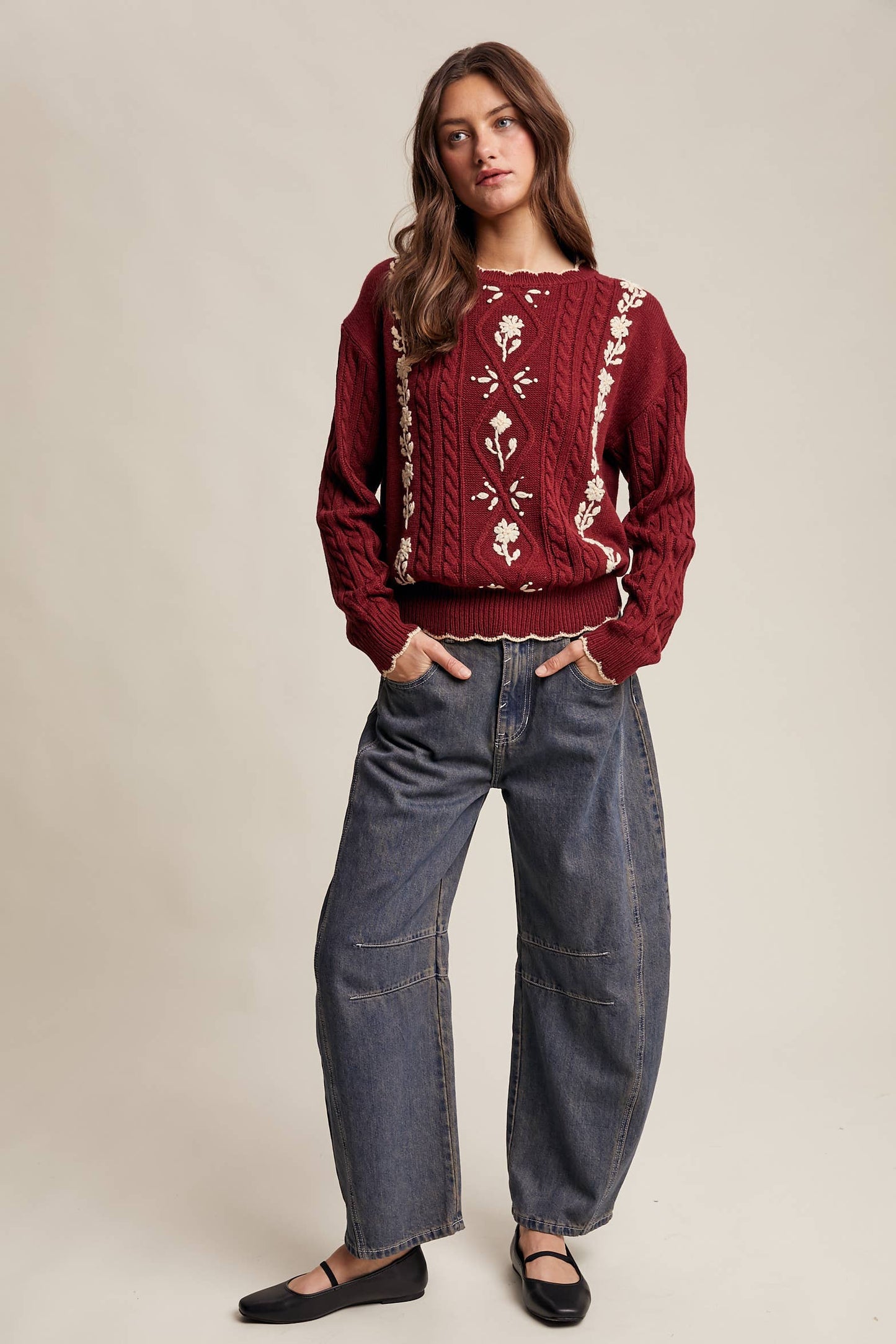 Floral Embroidered Cable Knit Sweater-cabernet