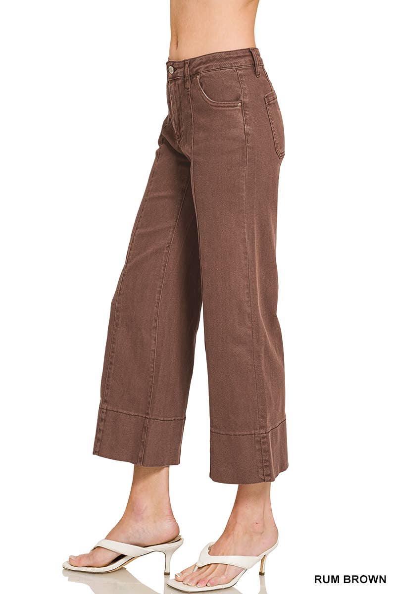 Mid Rise Wide Leg Cropped Mocha Denim Pants