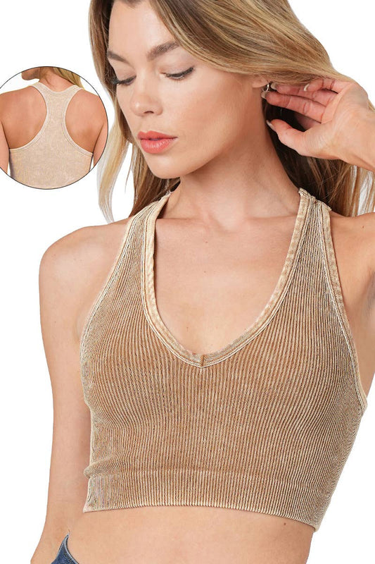`Zenana Washed Seamless Rib Tank: DEEP CAMEL